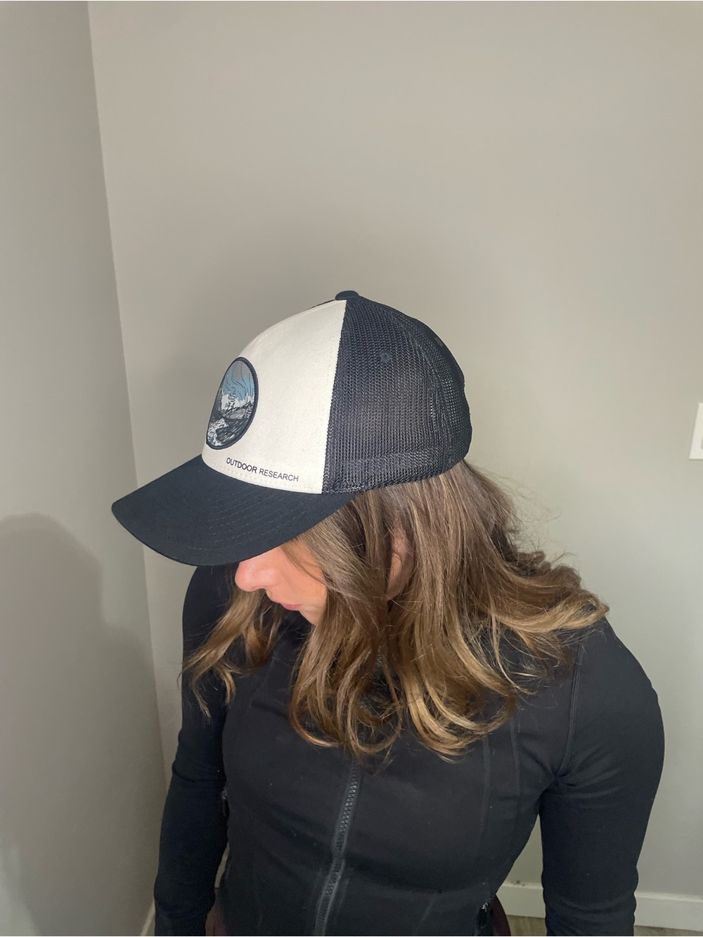 Outdoor Research Black and White Mesh Trucker Cap with Mountain Patch